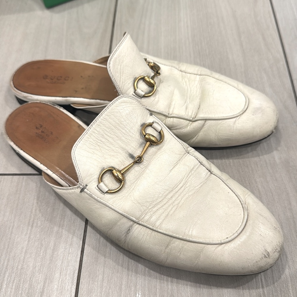 Gucci 39.5 Princetown Leather slip on mules white cream leather size 9